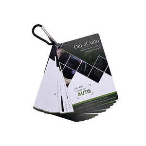 May include: A set of black and white photography reference cards with a green logo that says "Out of Auto". The cards are fanned out and have a black carabiner clip attached.