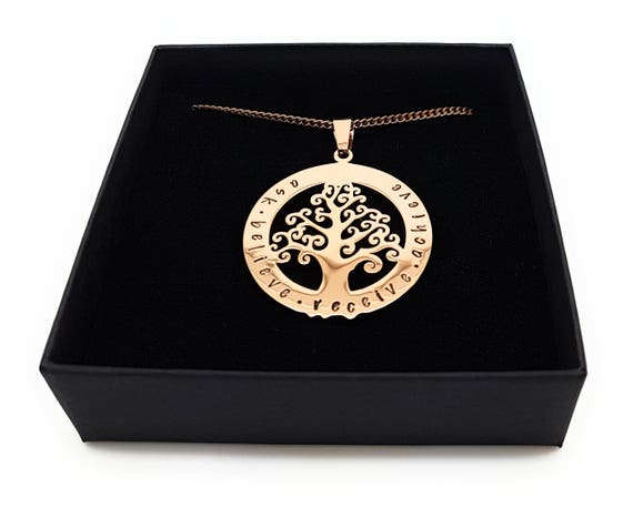 38mm tree of life silver /& rose gold coloured stainless steel hand stamped customized name pendant on a 60cm chain necklace fast turnaround