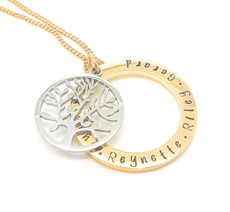 Customise personal Family Necklace Hand Stamped Gold Names necklace with large tree of life charm Coorabell Crafts Gift Box Included,