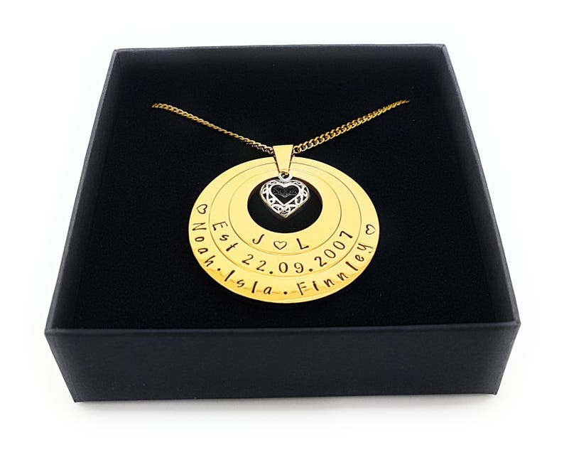Gold Layered Hand Stamped Family Names Pendant Triple layered with Sterling Silver love heart charm. Gift box included image 8