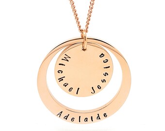 Rose Gold Personalised family names pendant, two rings handstamped with your custom text necklace and gift box included