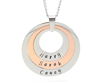 Layered custom names pendant Silver, Gold Rose Gold or Multi tone