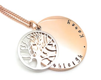 Rose Gold Disk Necklace with Tree charm personalized