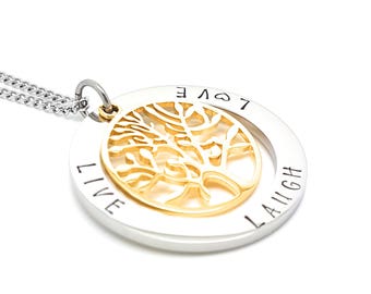 Coorabell Crafts Live Laugh Love pendant with Silver circle and Gold Tree of Life charm, includes stylish gift box