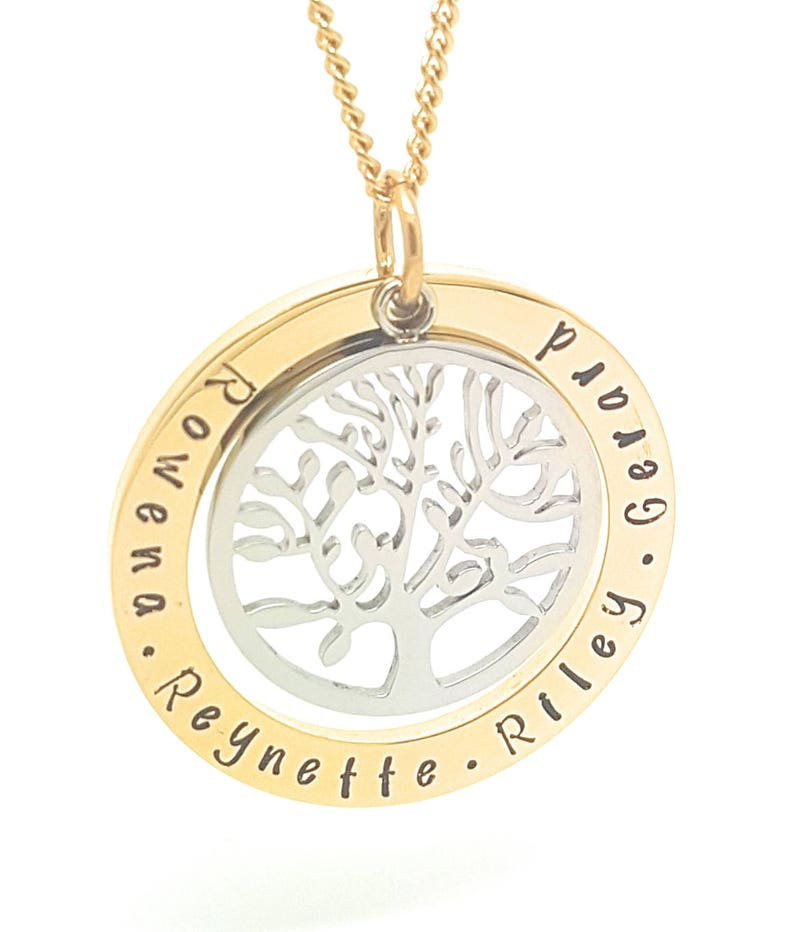 Customise personal Family Necklace Hand Stamped Gold Names necklace with large tree of life charm Coorabell Crafts Gift Box Included,