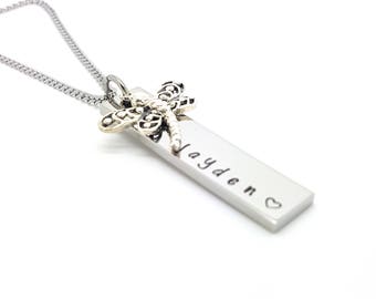 Rectangle Bar Necklace with Sterling Silver DragonFly Charm Personalised Jewellery, Personalised Necklace, Family Necklace, Unique gift Idea