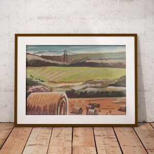 Haystacks Landscape Gouache Painting | Rolling Hills Art, Haystacks Art, English Countryside