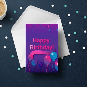 Tarjeta de felicitación de cumpleaños con sobre / Tarjetas de celebración, Regalo de cumpleaños, Tarjeta con globos