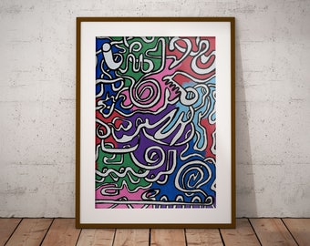 Posca Pen Abstract Canvas Artwork - Modern Painting, Colourful Contemporary Drawing