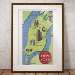 Impressão artística A4 de Nova York | Ilustração de mapa de Nova York, arte de mapa de viagem, arte de cidade dos EUA