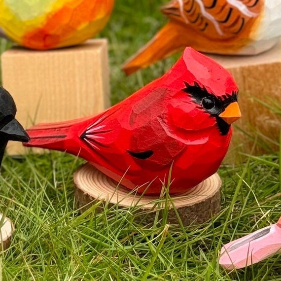 Northern Cardinal Bird Statue Wooden Hand Carved Painted Bird