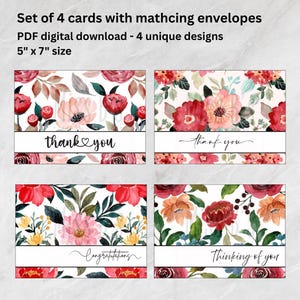 Pode incluir: Conjunto de quatro cartões de felicitações florais, cada um com 12,7 cm x 17,8 cm, com envelopes a condizer. Os cartões apresentam desenhos florais em aquarela em vermelho, rosa e verde, com texto que diz "obrigado", "parabéns" e "a pensar em si".