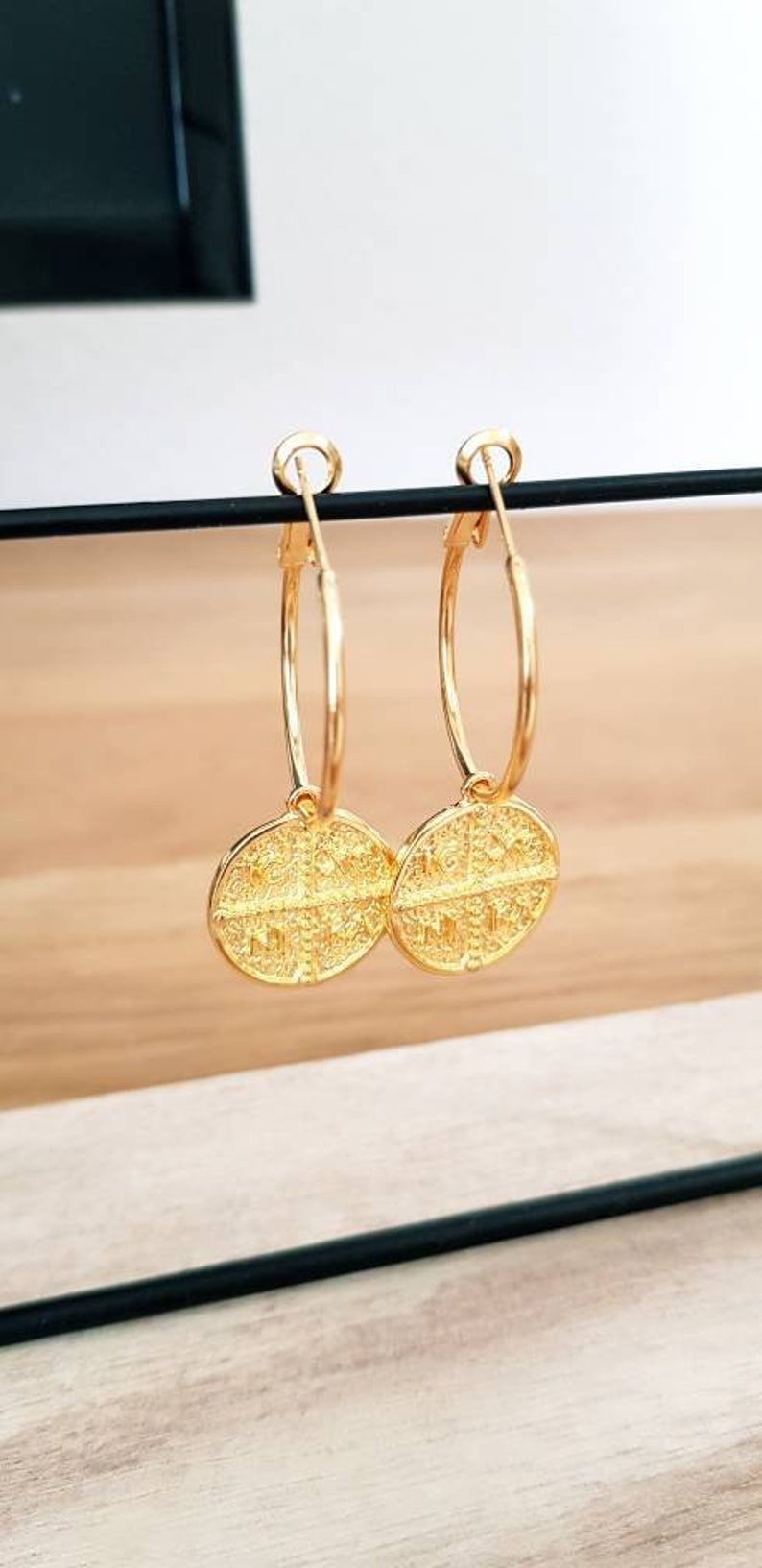 Hoop earrings with a byzantine coin pendant; constantinato; hoops