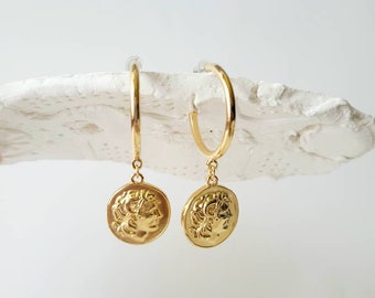 Great Alexander Coin Hoop Earrings 24K Gold Plated Brass