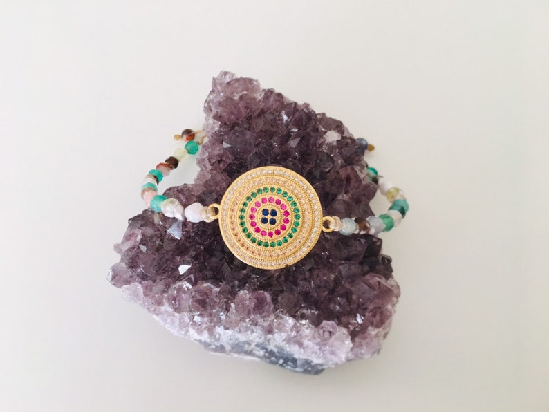 Zircon Round Bracelet With Agate White-Green Multi StoneSemi-Precious