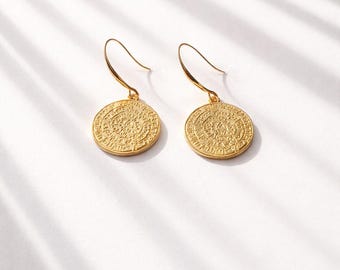 Disc Phaistos Pendant Hook Earrings, 24K Gold Plated Brass
