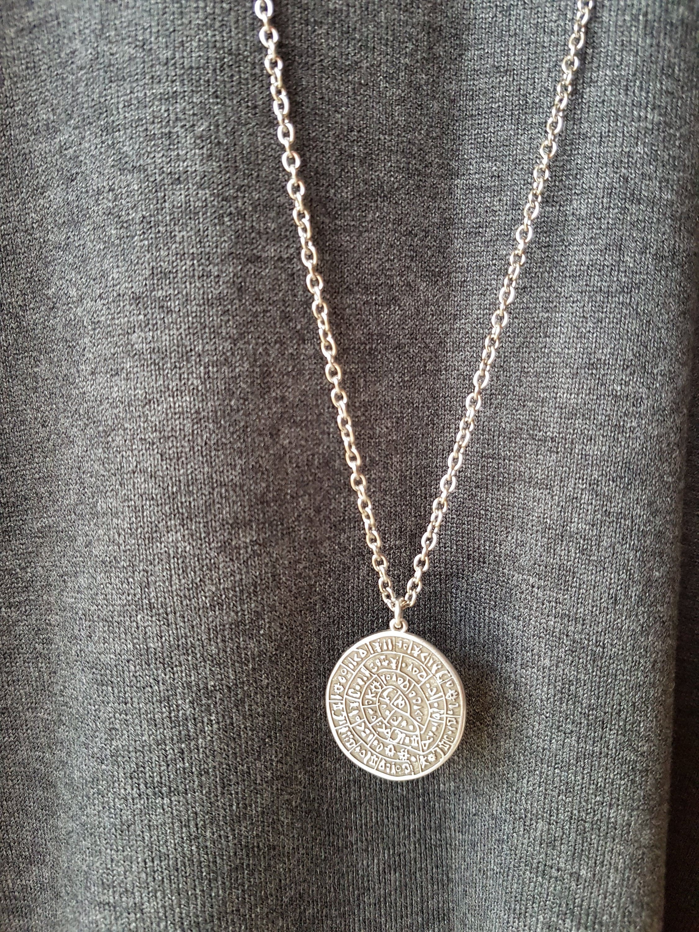 Phaistos Disc Pendant Long Necklace In Silver Antique, Minoan Palace Crete, Ethnic Inspired Necklace