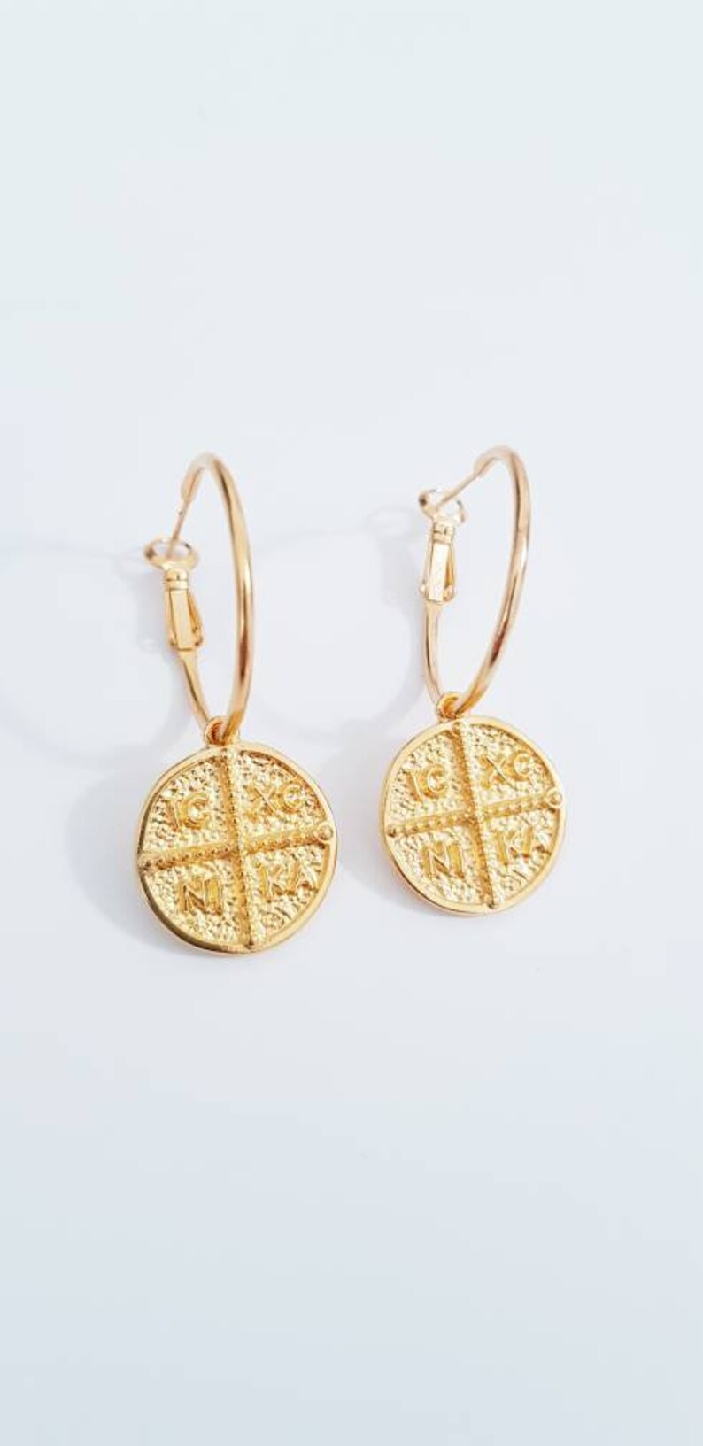Hoop earrings with a byzantine coin pendant; constantinato; hoops