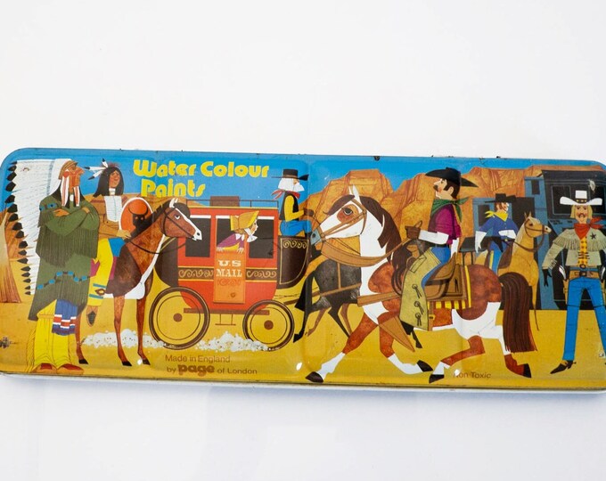 Vintage Watercolour Tin Paint Box Western Cowboys & Indians 36 Colors
