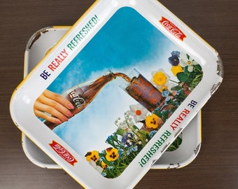 Vintage Coca-Cola Metal Tray "Be Really Refreshed" Pansy Flowers Coke Advertising