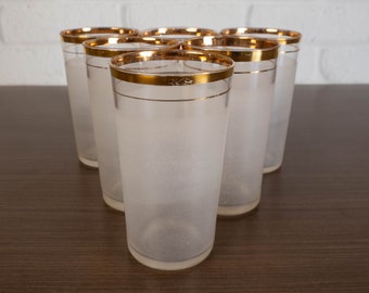 Gold Rim Frosted Glass Tumblers - Set of 6 - Mid Century Modern Barware