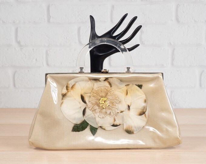 Vintage 50s Handbag Clear Vinyl Over Fabric Floral Clutch Etsy