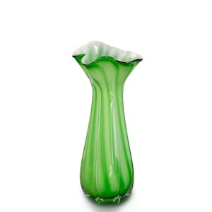 HUGE 17 Inch Hand Blown Green and White Swirl Art Glass Vase