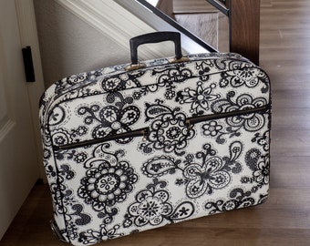 Mod Flower Power Vinyl Suitcase Black and White Paisley Floral Print Carry On Overnight Bag