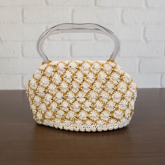 Vintage Crochet Beaded Purse with Lucite Handles - image 4