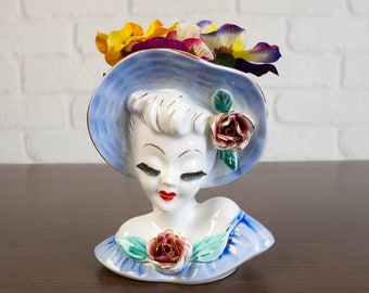 Vintage 5.25" Lady Head Vase Glamour Girl Wall Pocket Hat & Flowers