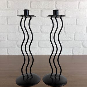Vintage 80s Post Modern Memphis Style Black Metal Squiggle Candlestick Holders - a Pair
