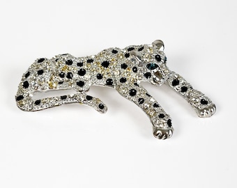 Vintage Rhinestone Leopard Brooch Retro 80s Mob Wife Statement Jewelry