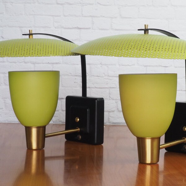 Mid Century Modern Atomic Era Sconce Pair // Authentic Moe Lighting Reflector Disc Shade Wall Sconce Lime Green and Black // Set of Two