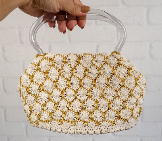 Vintage Crochet Beaded Purse with Lucite Handles - image 2