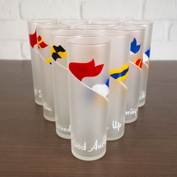 Vintage Libbey Nautical Cocktail Glasses - "Anchors Aweigh" Barware Set of 10