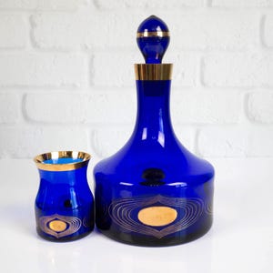 Vintage Bohemian Czech Glass Cobalt Blue & Gold Decanter with Shot Glass, Elegant Barware Cordial Set