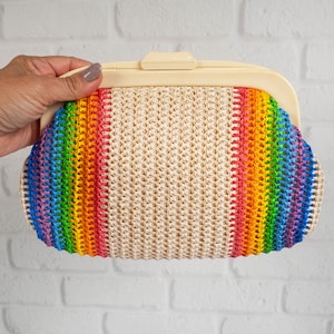 Vintage Rainbow Stripe Woven Straw Clutch Purse Summer Bag