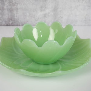 FIRE KING Jadeite Leaf & Blossom Snack Set, Lotus Flower Bowl and Lotus Leaf Plate