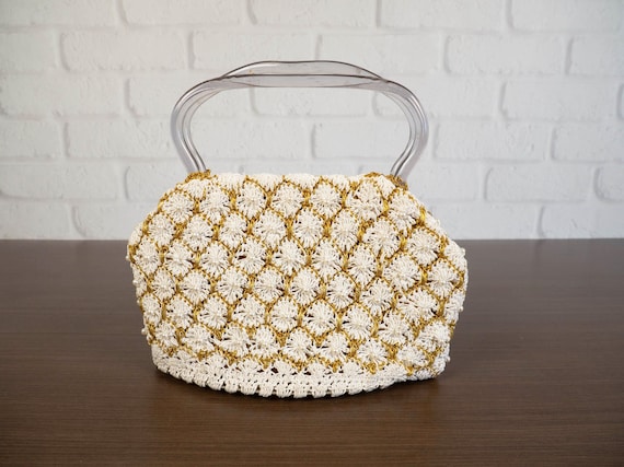 Vintage Crochet Beaded Purse with Lucite Handles - image 1
