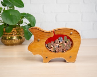 Vintage Wooden Piggy Bank, See Through Coin Bank, Pig Shaped Coin Money Box Tip Jar