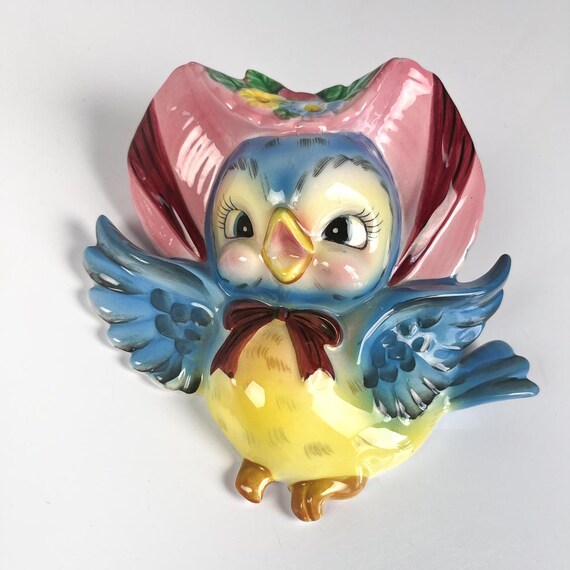 1950s Lefton Blue Bird Wall Pocket #283, Ceramic Hanging Planter Vase