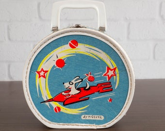 Round Vintage Doll Case, Child's Carrying Case Retro Atomic Rocket Ship Dog by Neevel