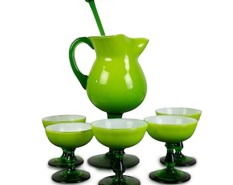 Vintage Carlo Moretti Murano Green Cocktail Pitcher Set with 5 Coupe Glasses 1960s