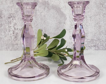 Vintage Amethyst Glass Candlesticks - Set of Two Purple Taper Candle Holders