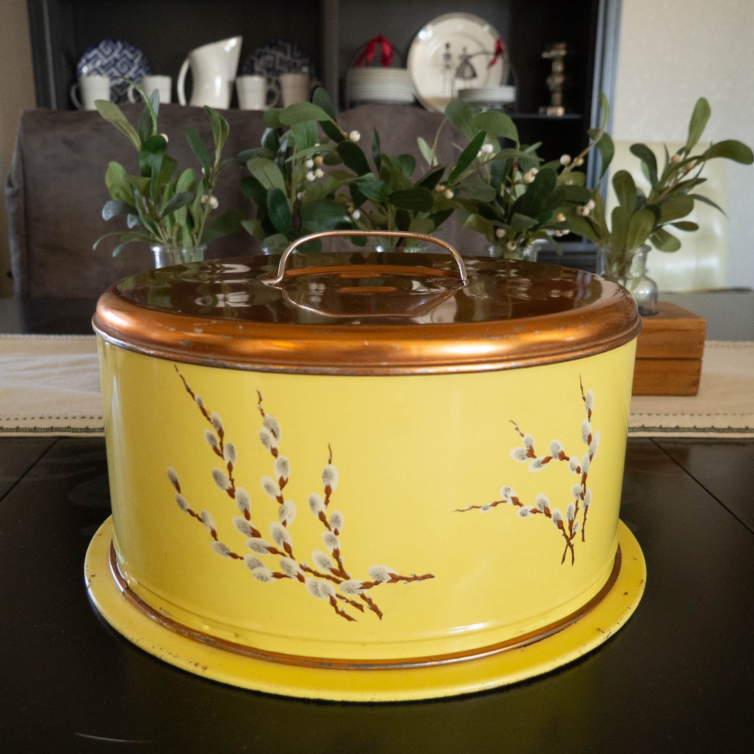 Vintage Cake Tin Carrier Yellow Pussywillow Copper Lid / Cake Saver / Cake Holder / Cake Server