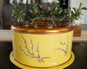 Vintage Cake Tin Carrier Yellow Pussywillow Copper Lid  / Cake Saver / Cake Holder / Cake Server / Cake Keeper