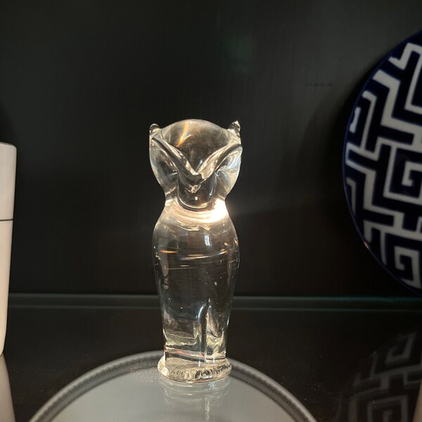 Pilgrim Glass Owl, Clear Handblown Art Glass Standing Owl Paperweight / Figurine #950