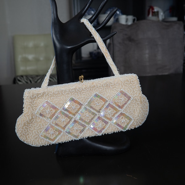 Vintage SAKS Fifth Ave Beaded Evening Bag Off White Sequin Clutch Wedding Purse