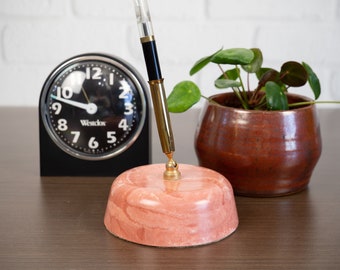 Vintage Pink Marble Pen Holder with Pen, Art Deco Office Decor Desk Accessory