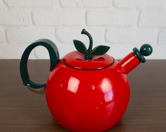 Vintage COPCO Enameled Metal Tomato Whistling Tea Kettle Pot 2-1/2 Quart Stovetop